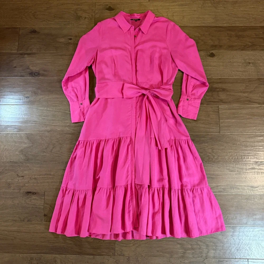 Kobi Halperin Pink Tencel Linen Tiered Midi Shirt Dress XL Hot Pink Long Slv - Picture 1 of 8